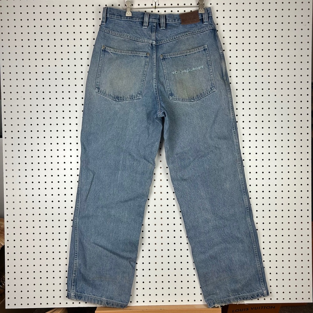 Rocawear Baggy Wide Leg Jeans Blue 34x34 Vintage Y2K Hip Hop Light Wash Worn 90s